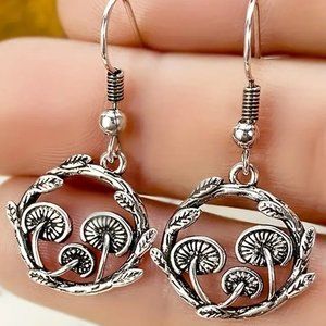 Earrings Mushroom Hoop Leaves 3D Silver Pewter Boho Hippie Trippy Wonderland Fun